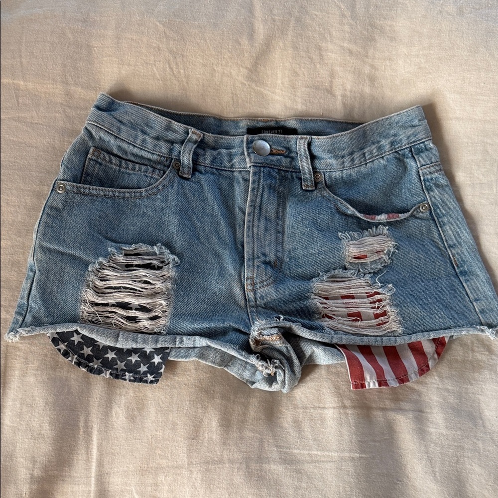 Distressed Blue Denim Women’s Shorts with Flag Patch, 26